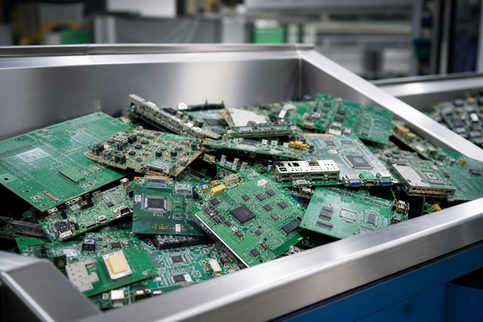 Circuit boards and components sorted for e-waste processing